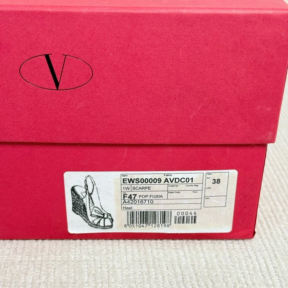 Valentino Garavani Fuchsia Patent Bow Wedge Sandals EU 38 US 8 Box